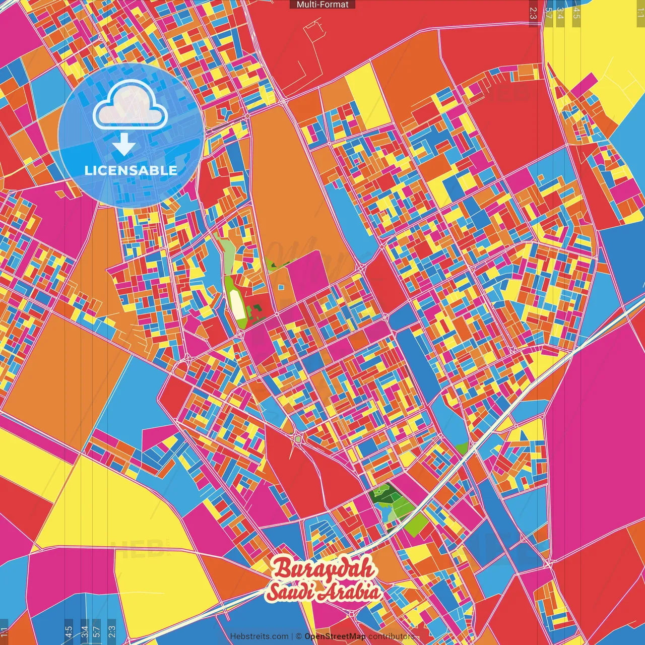 Buraydah, Saudi Arabia Crazy Colorful Street Map Poster Template