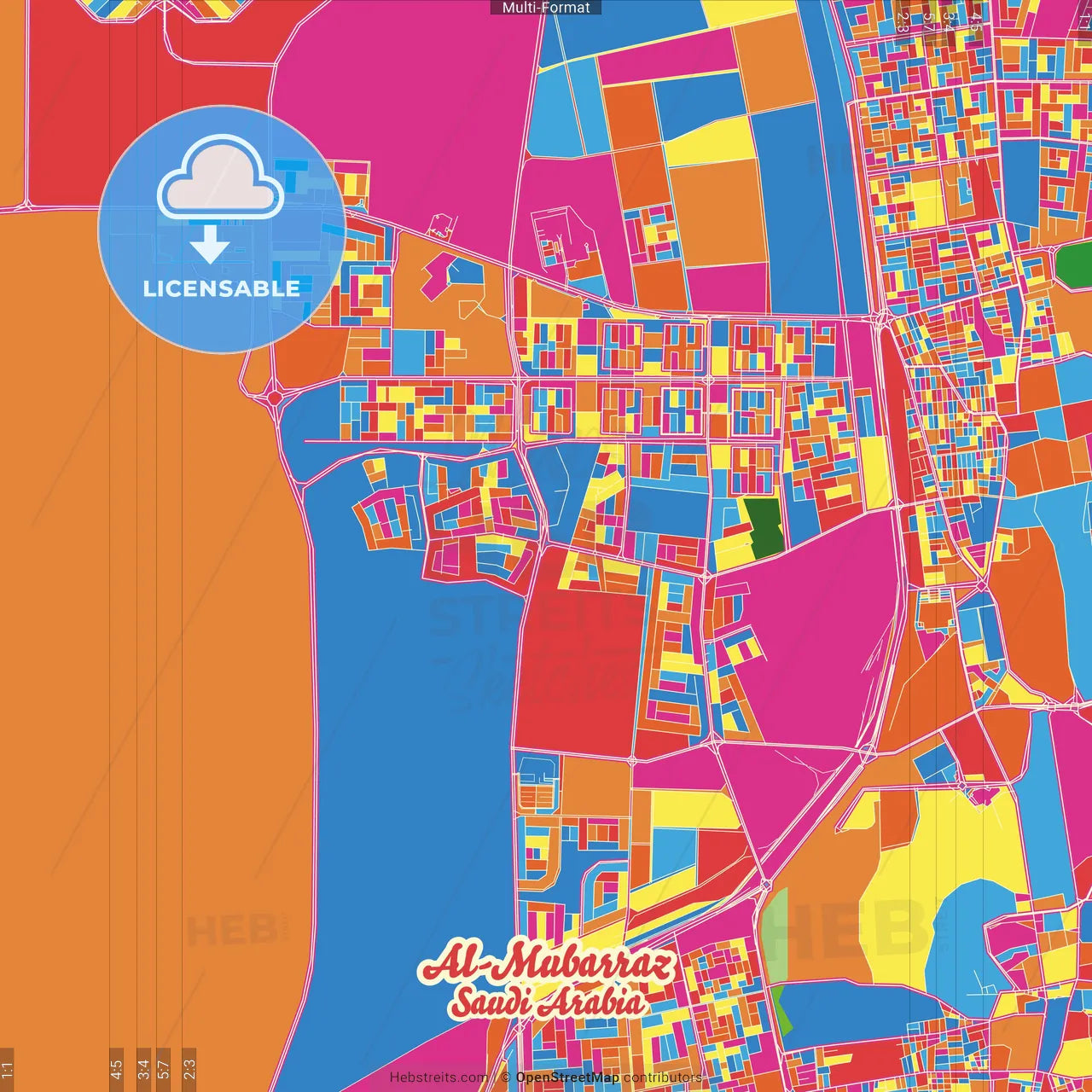 Al-Mubarraz, Saudi Arabia Crazy Colorful Street Map Poster Template