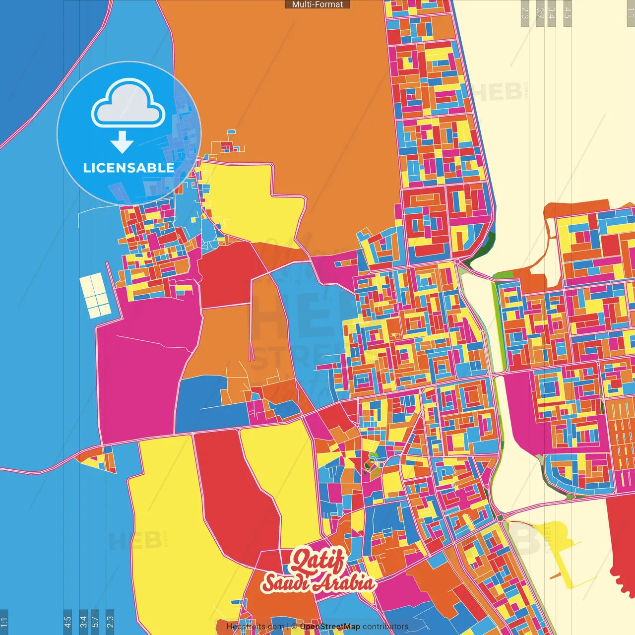 Qatif, Saudi Arabia Crazy Colorful Street Map Poster Template