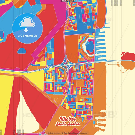 Khobar, Saudi Arabia Crazy Colorful Street Map Poster Template