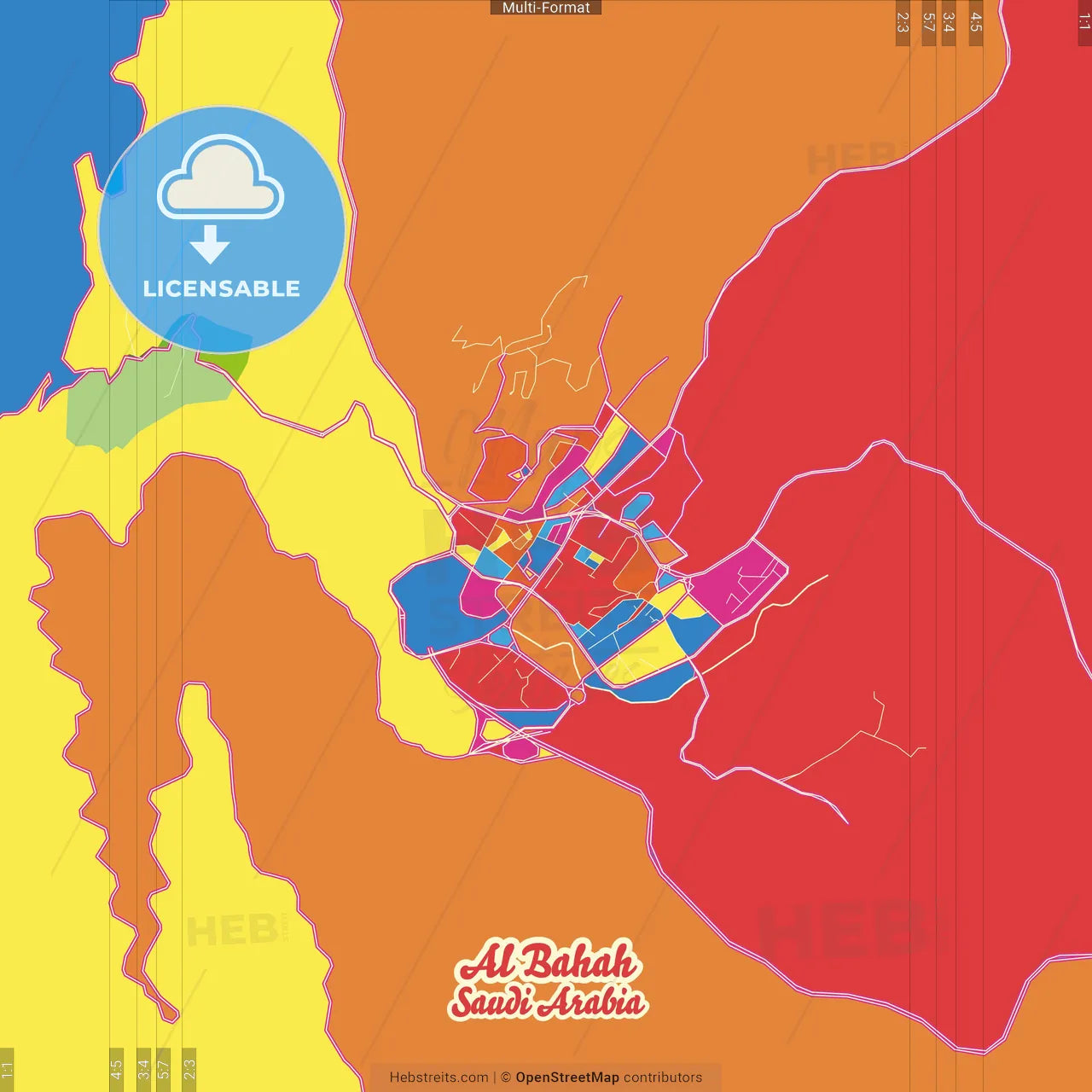 Al Bahah, Saudi Arabia Crazy Colorful Street Map Poster Template