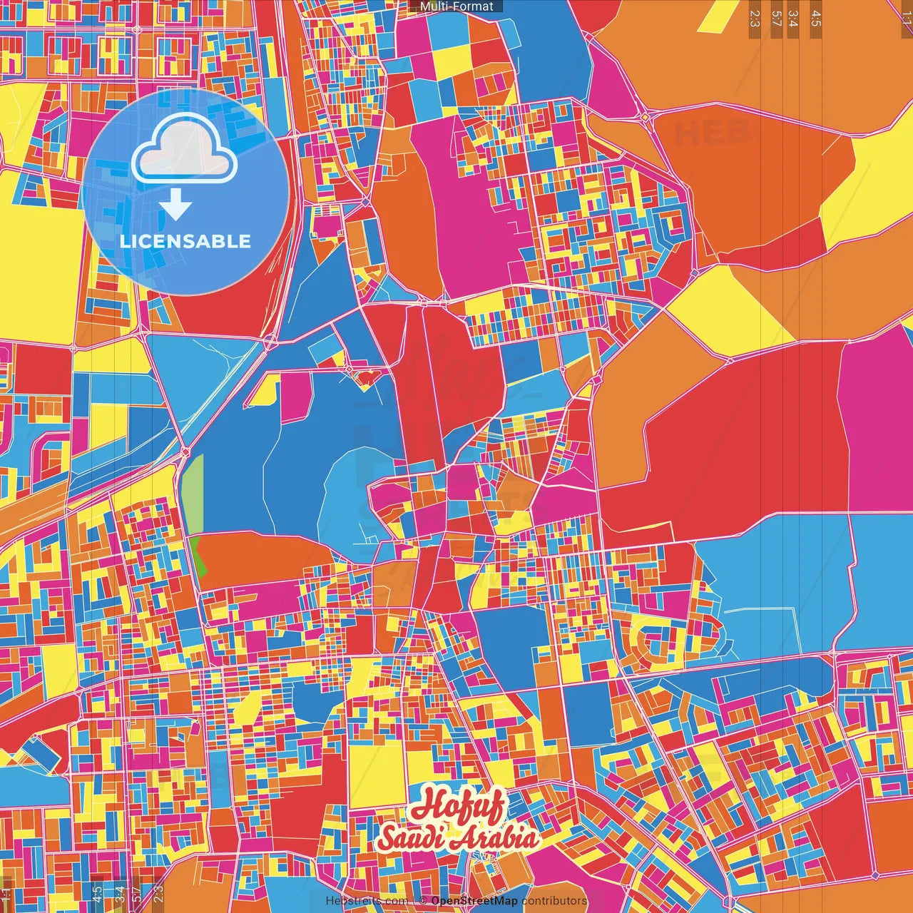 Hofuf, Saudi Arabia Crazy Colorful Street Map Poster Template