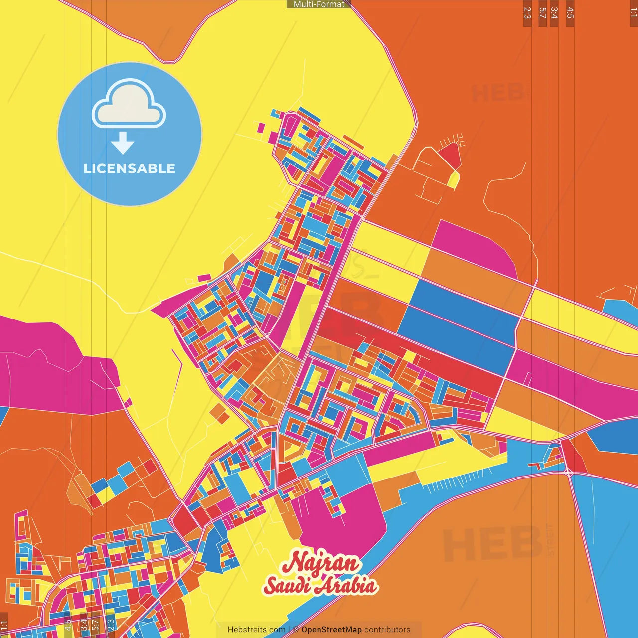 Najran, Saudi Arabia Crazy Colorful Street Map Poster Template