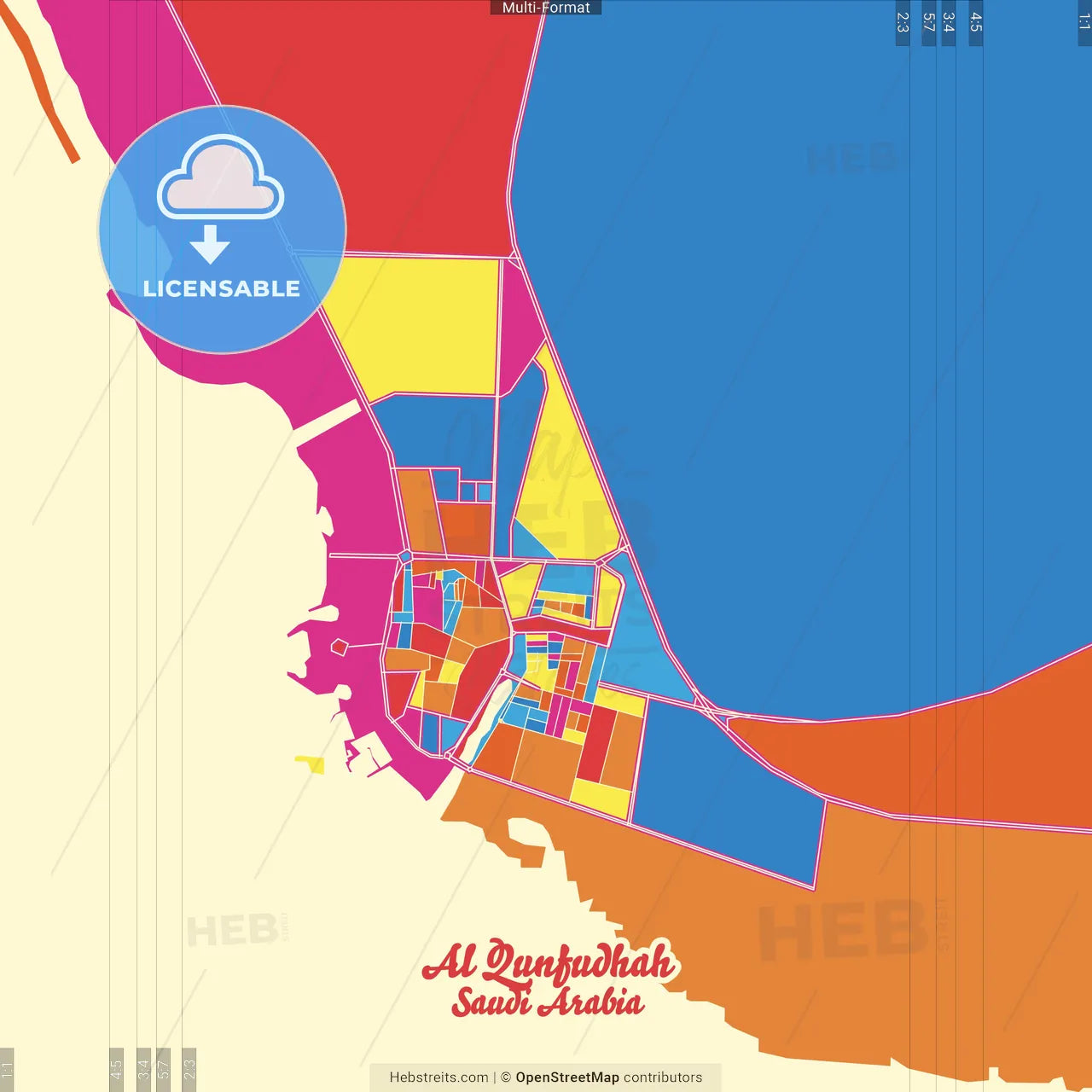 Al Qunfudhah, Saudi Arabia Crazy Colorful Street Map Poster Template