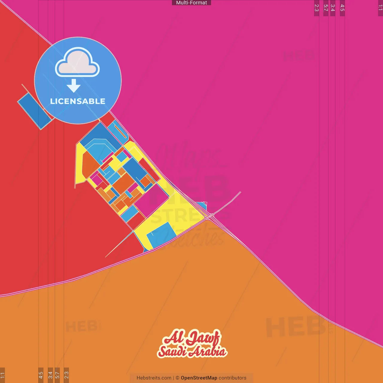 Al Jawf, Saudi Arabia Crazy Colorful Street Map Poster Template