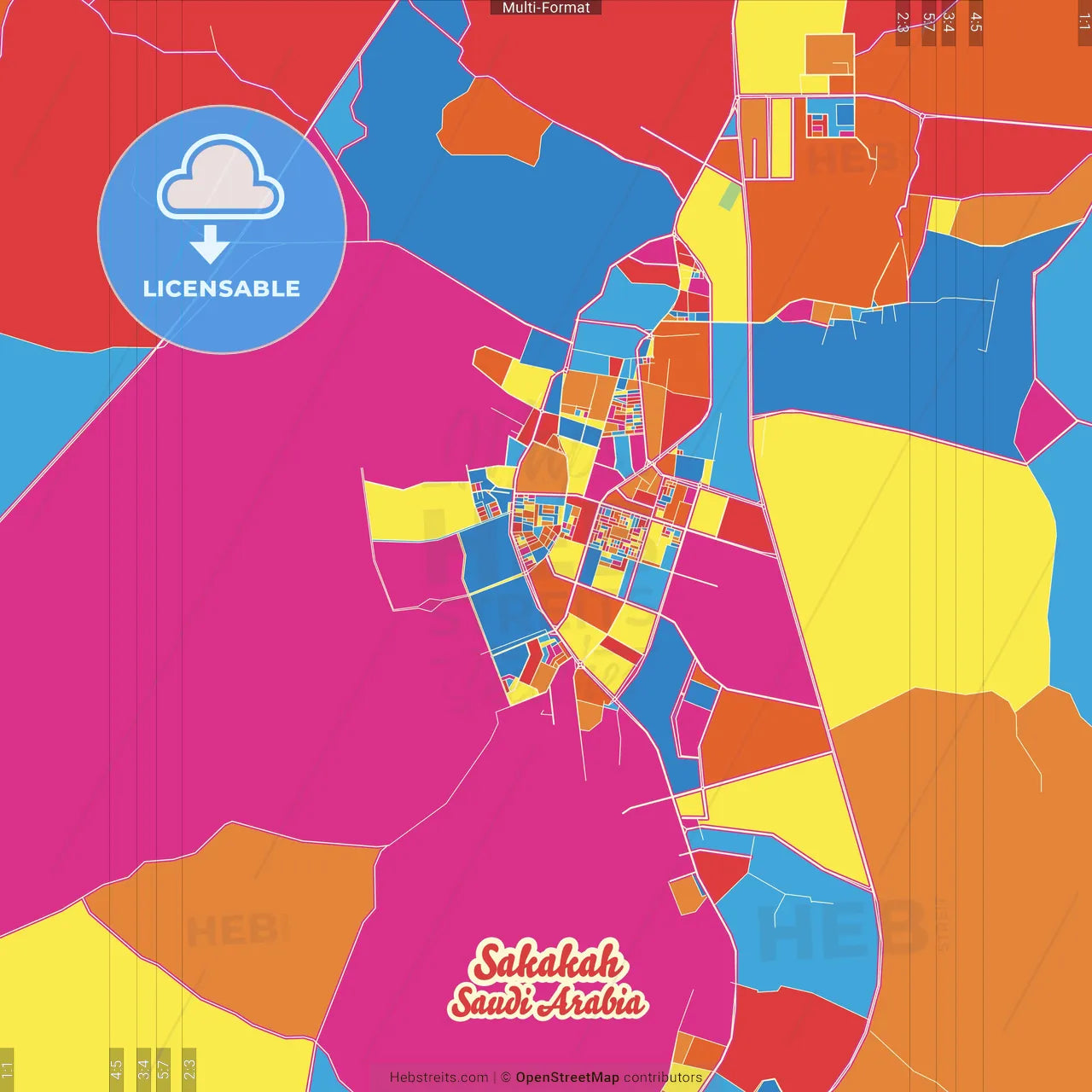 Sakakah, Saudi Arabia Crazy Colorful Street Map Poster Template