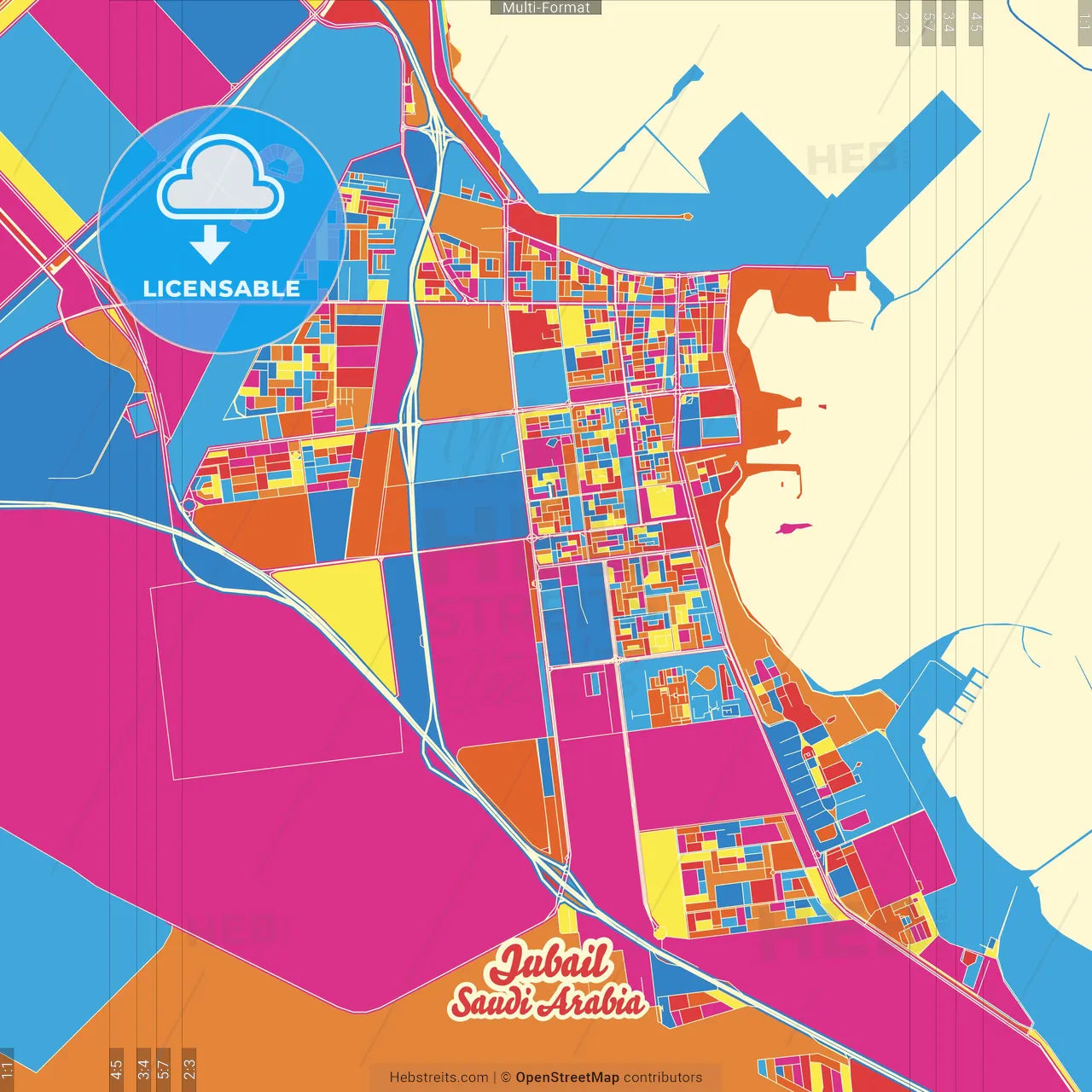 Jubail, Saudi Arabia Crazy Colorful Street Map Poster Template