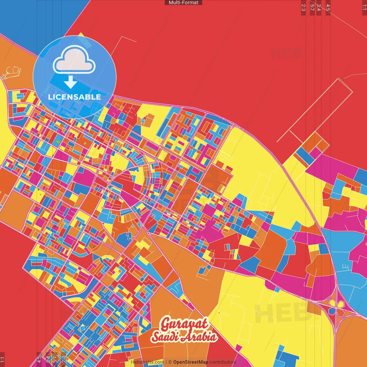 Gurayat, Saudi Arabia Crazy Colorful Street Map Poster Template