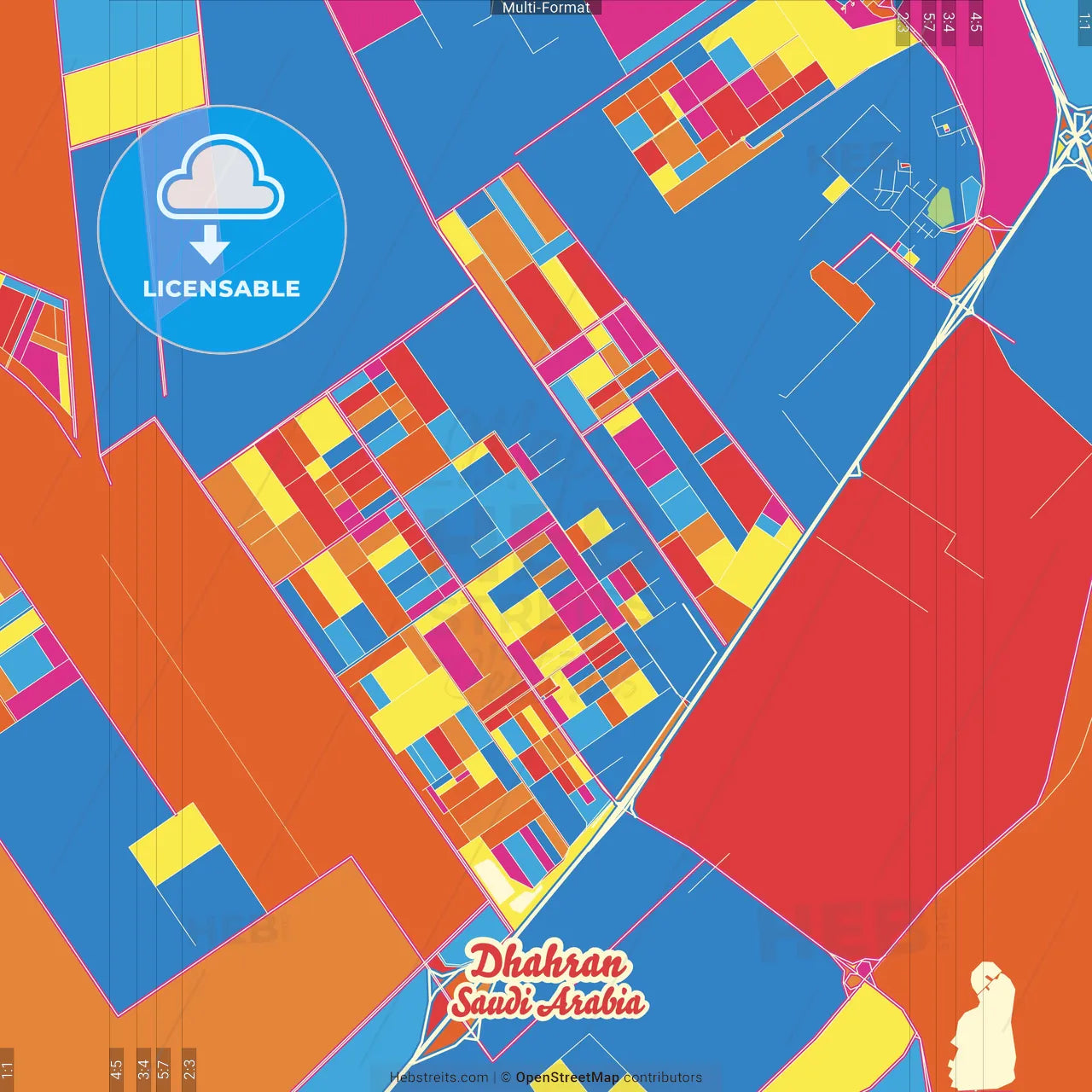 Dhahran, Saudi Arabia Crazy Colorful Street Map Poster Template