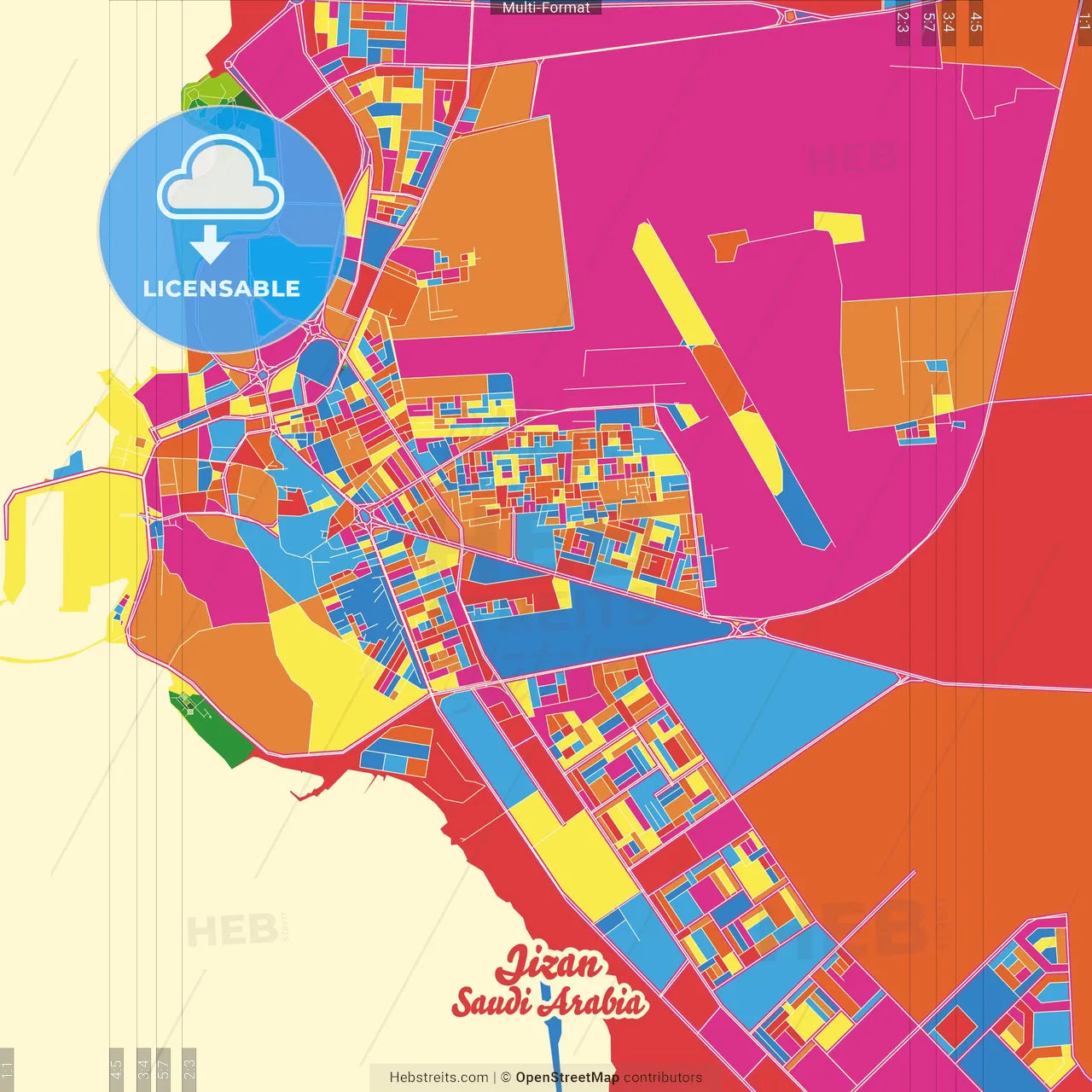 Jizan, Saudi Arabia Crazy Colorful Street Map Poster Template