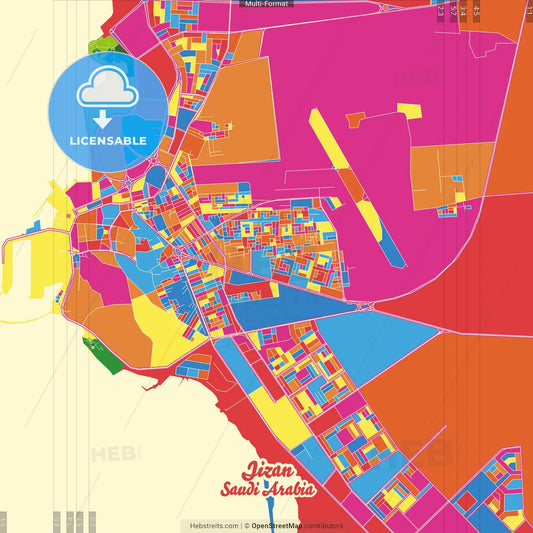 Jizan, Saudi Arabia Crazy Colorful Street Map Poster Template