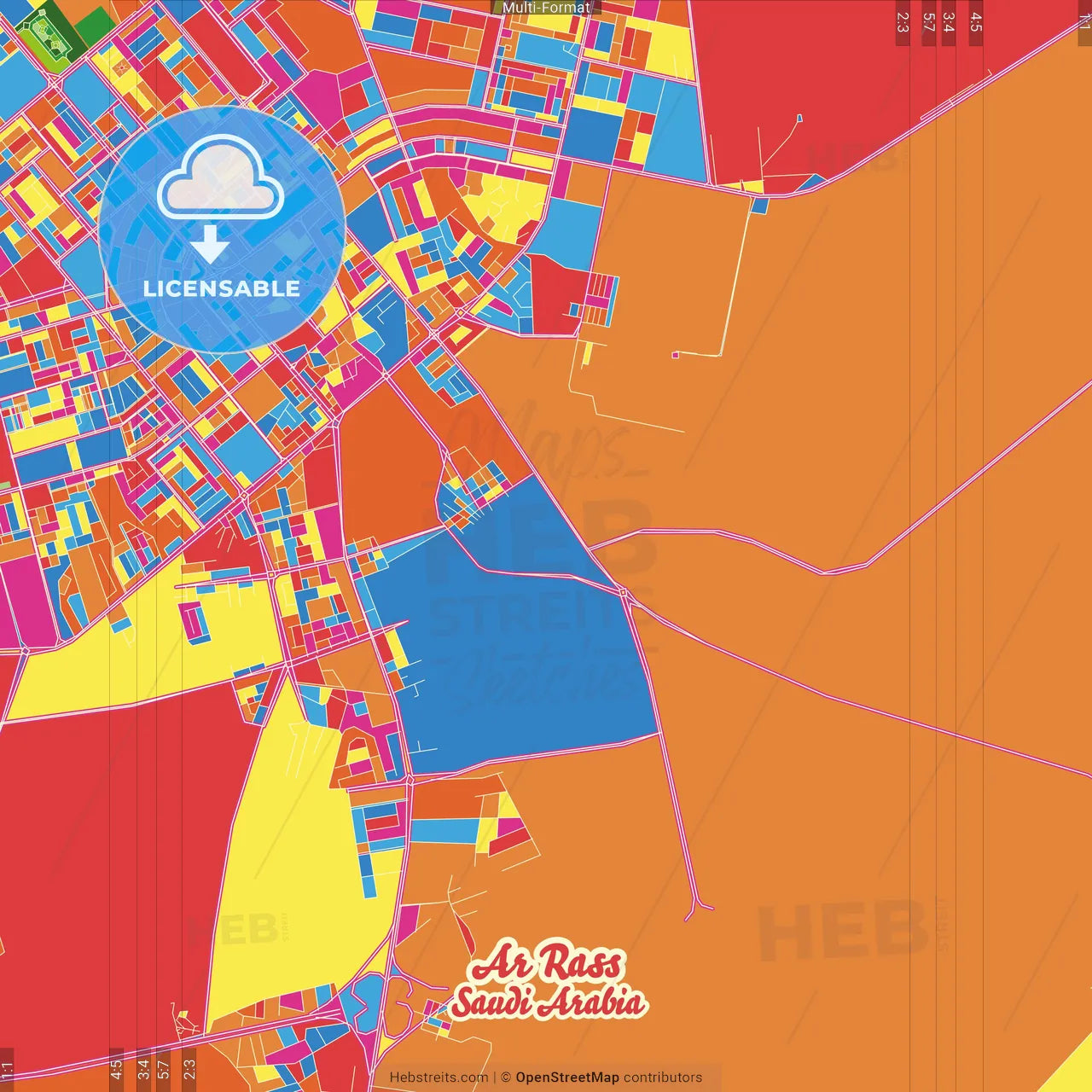 Ar Rass, Saudi Arabia Crazy Colorful Street Map Poster Template