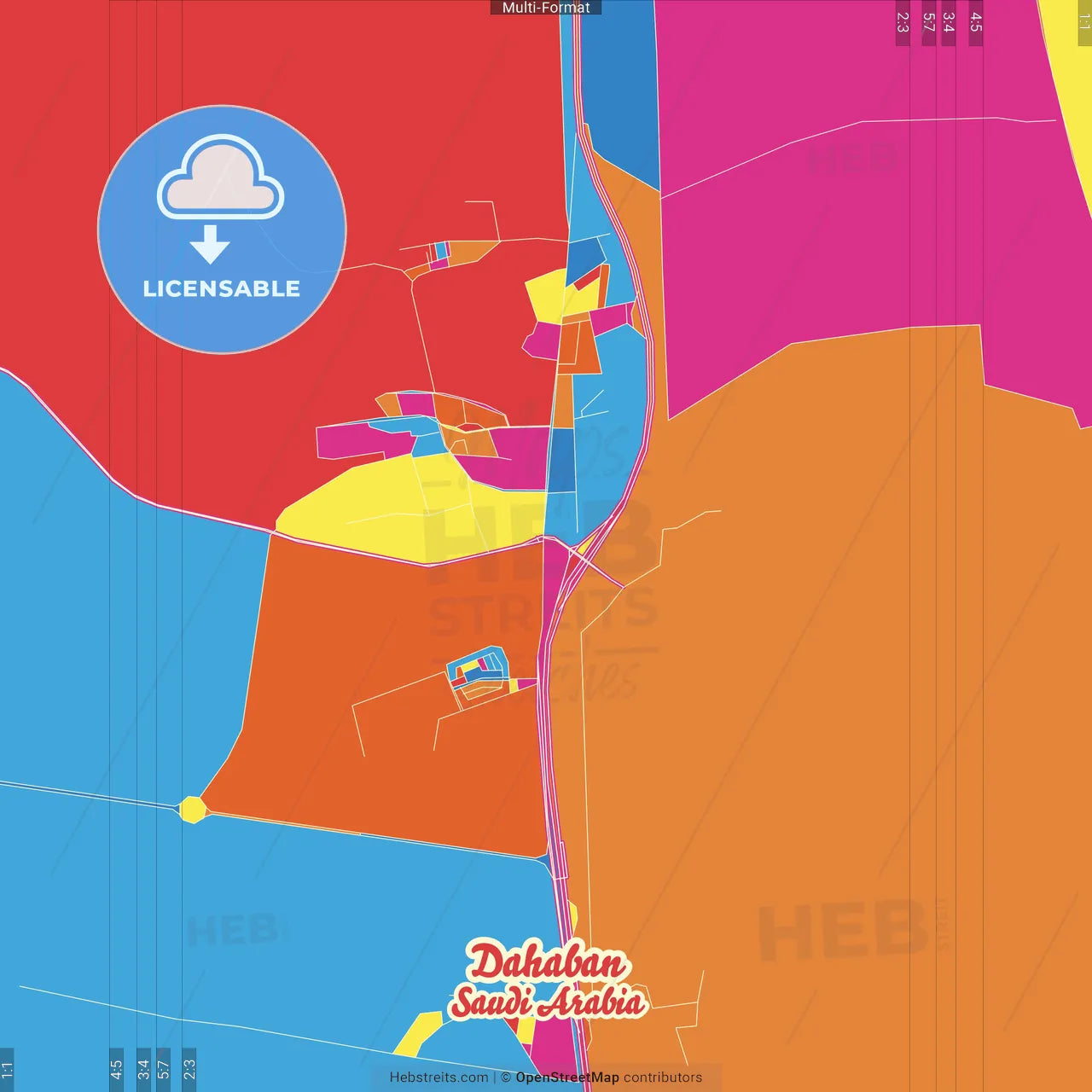 Dahaban, Saudi Arabia Crazy Colorful Street Map Poster Template