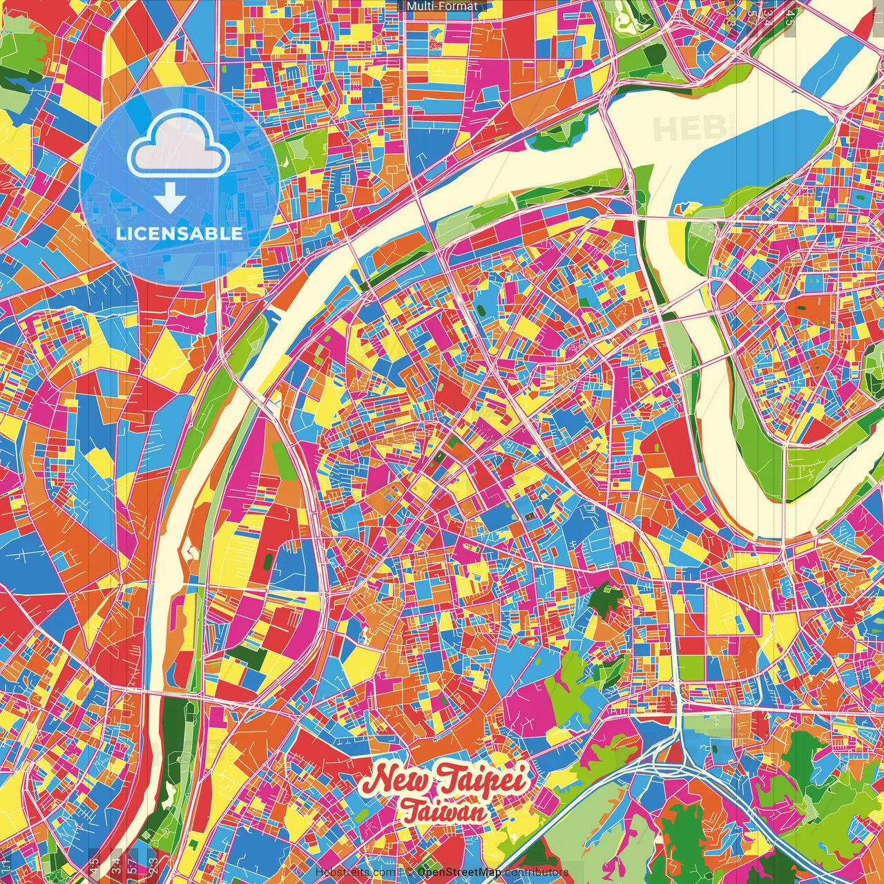 New Taipei, Taiwan Crazy Colorful Street Map Poster Template