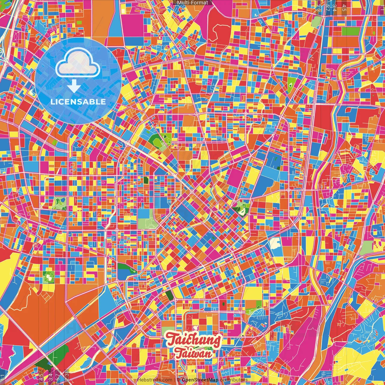 Taichung, Taiwan Crazy Colorful Street Map Poster Template
