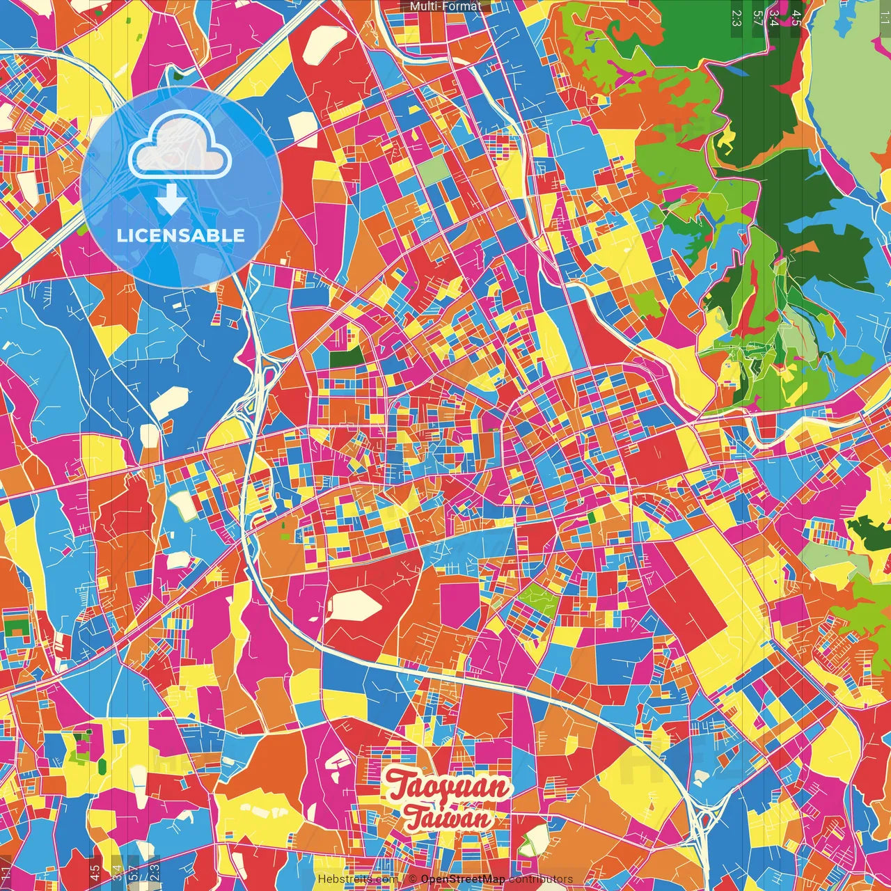 Taoyuan, Taiwan Crazy Colorful Street Map Poster Template