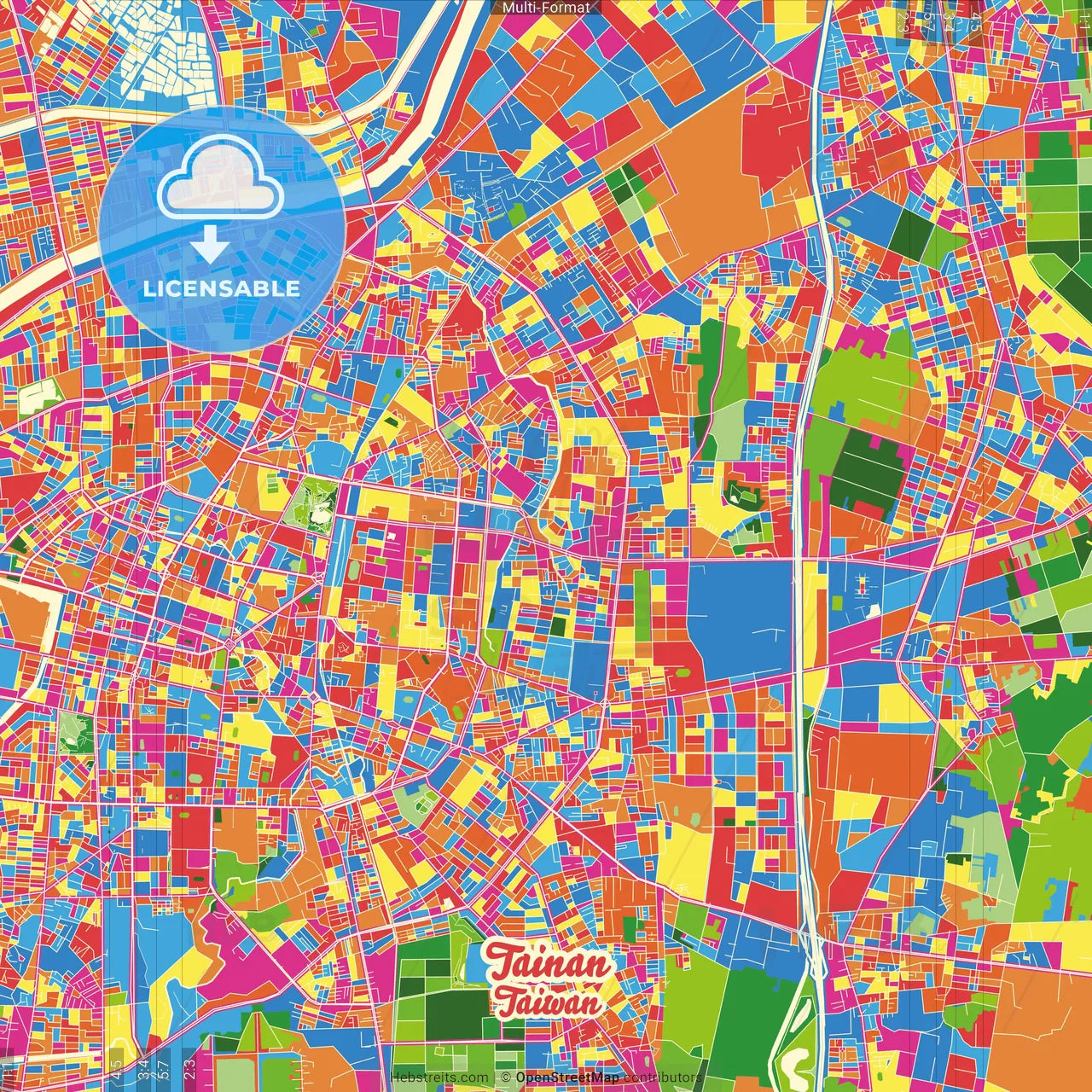 Tainan, Taiwan Crazy Colorful Street Map Poster Template