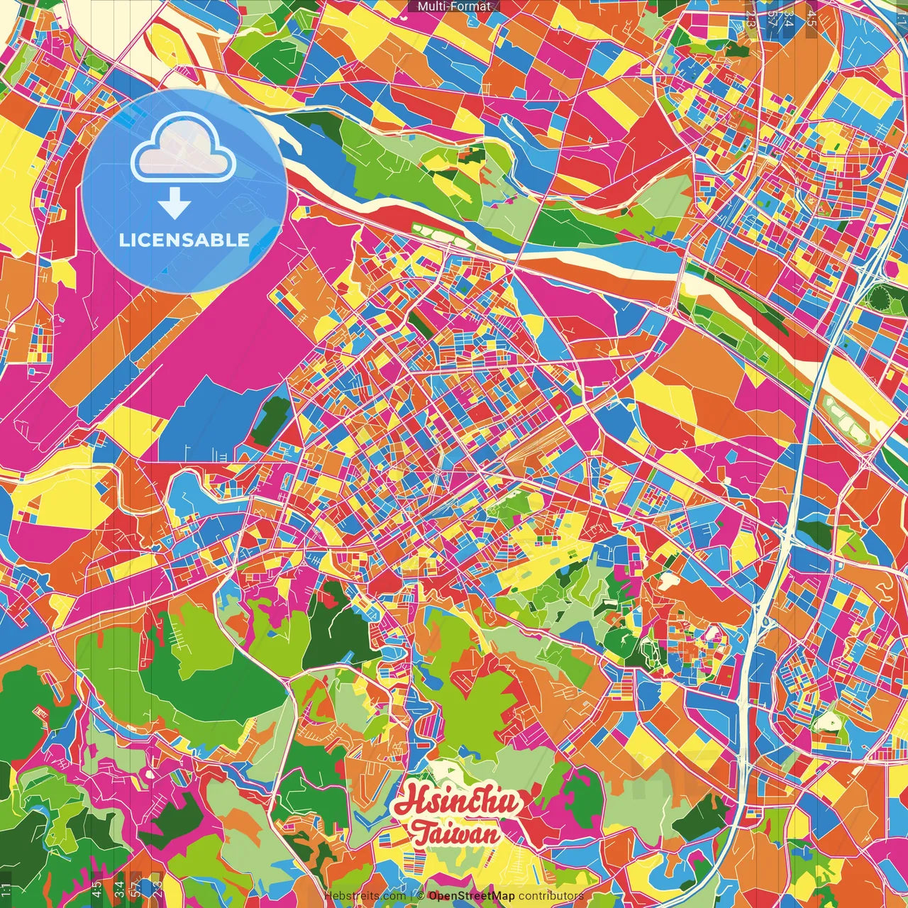 Hsinchu, Taiwan Crazy Colorful Street Map Poster Template