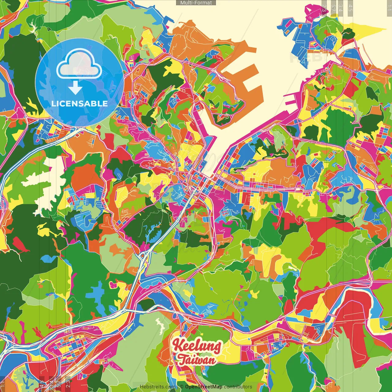 Keelung, Taiwan Crazy Colorful Street Map Poster Template