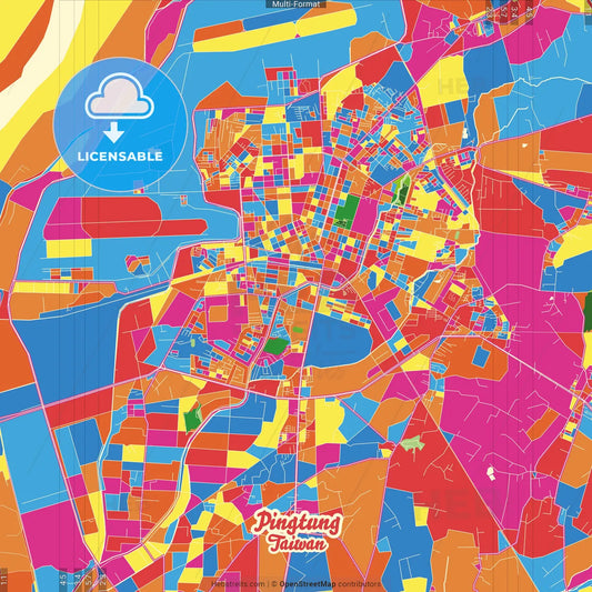 Pingtung, Pingtung, Taiwan Crazy Colorful Street Map Poster Template