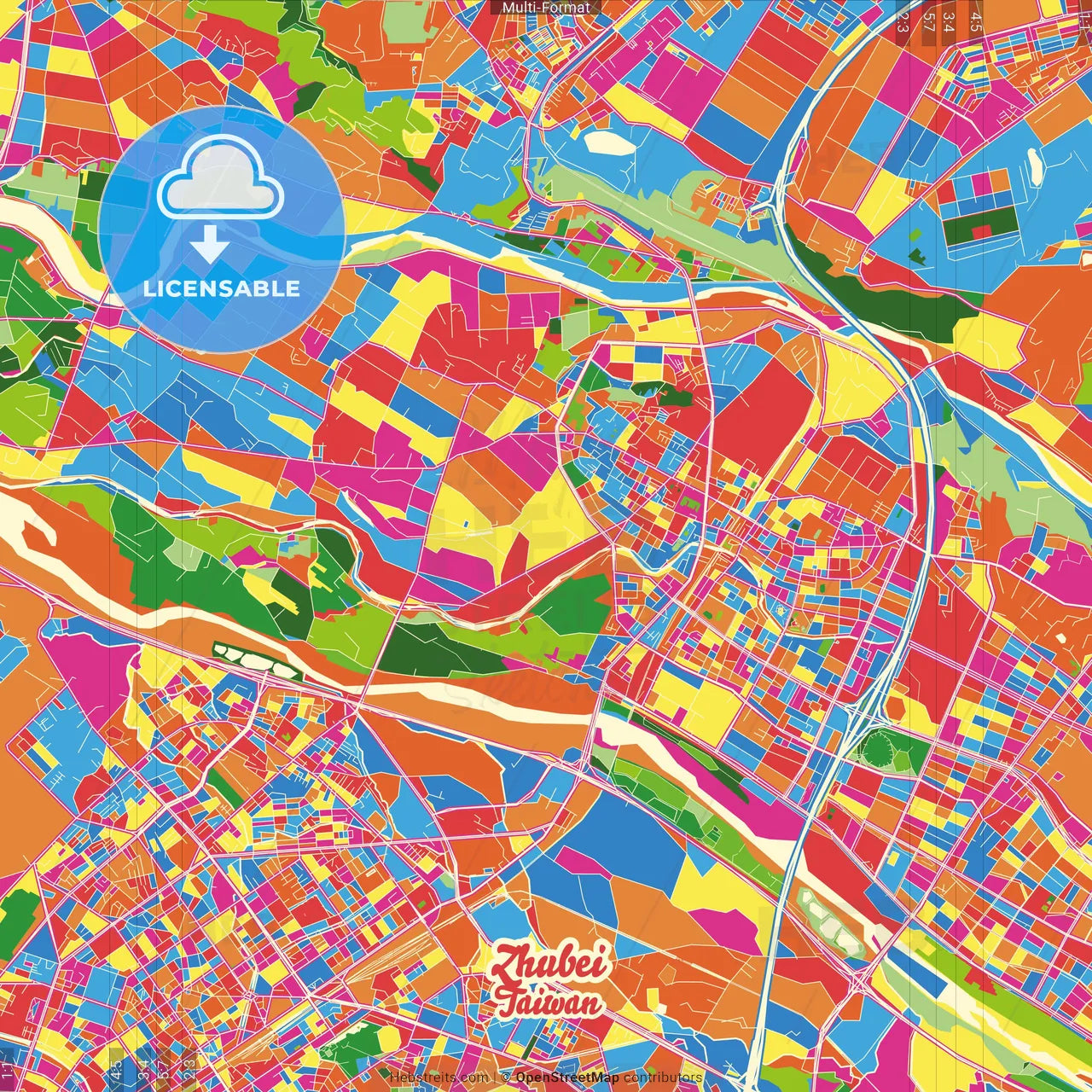 Zhubei, Hsinchu, Taiwan Crazy Colorful Street Map Poster Template