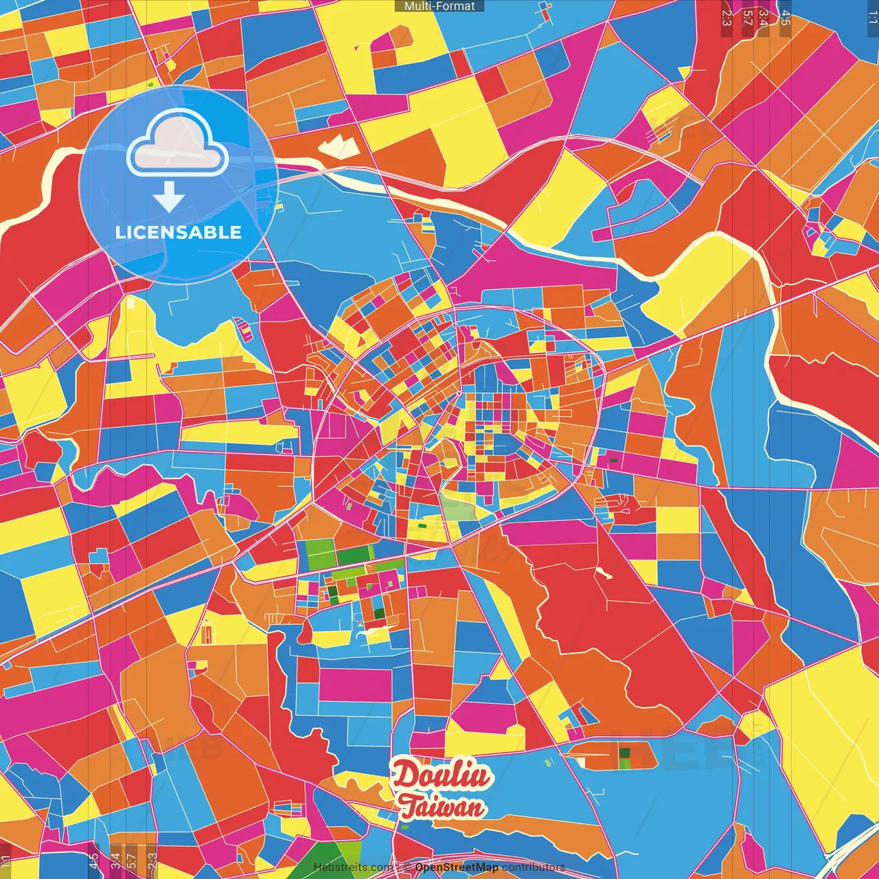 Douliu, Yunlin, Taiwan Crazy Colorful Street Map Poster Template