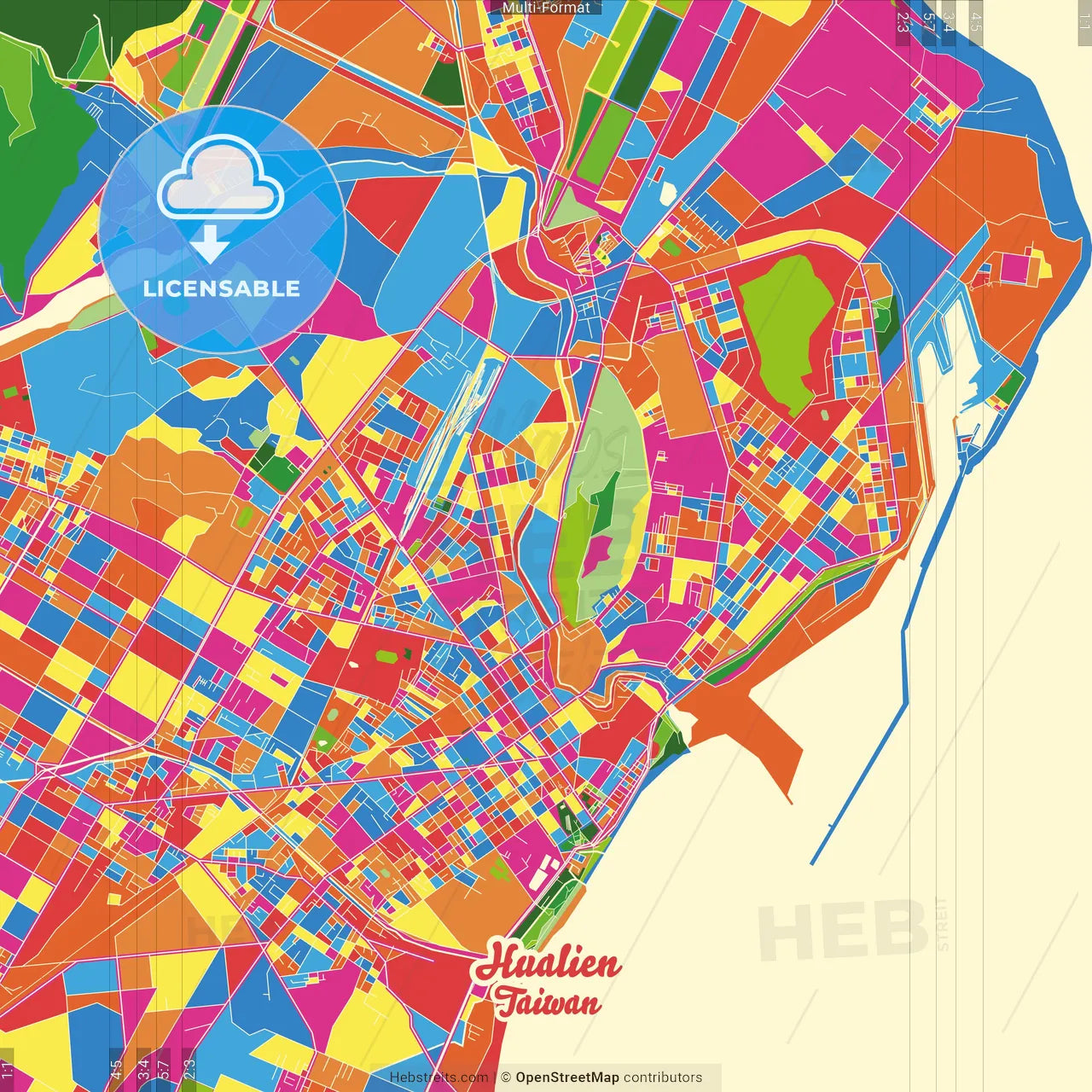Hualien, Hualien, Taiwan Crazy Colorful Street Map Poster Template