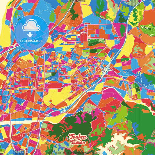 Toufen, Miaoli, Taiwan Crazy Colorful Street Map Poster Template