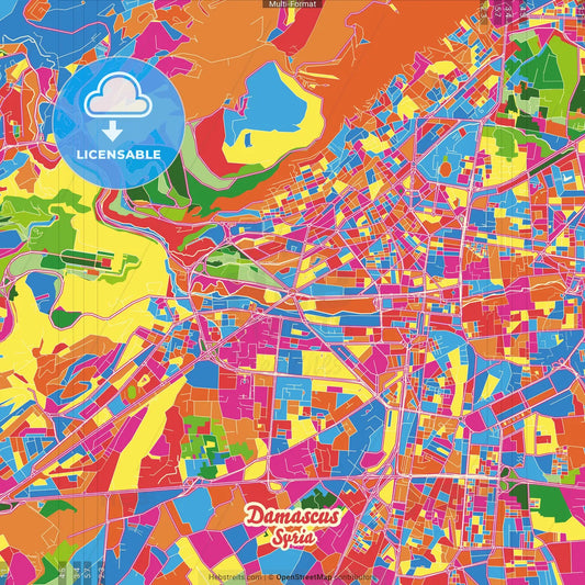 Damascus, Syria Crazy Colorful Street Map Poster Template
