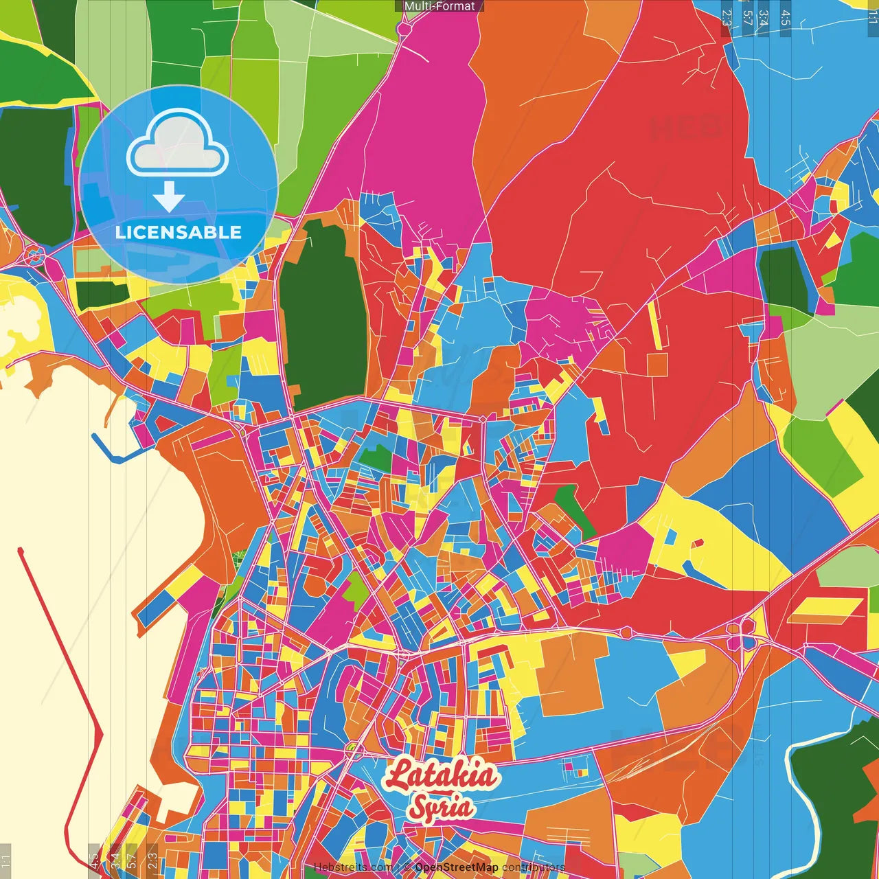 Latakia, Syria Crazy Colorful Street Map Poster Template