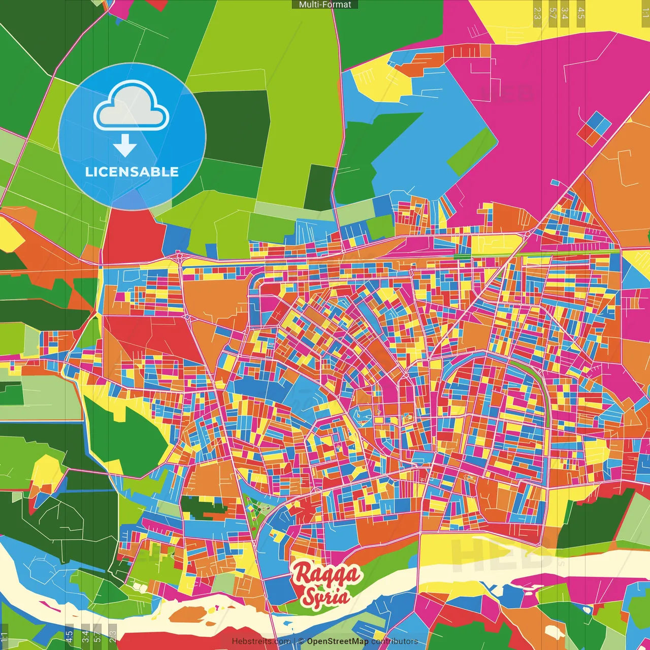Raqqa, Syria Crazy Colorful Street Map Poster Template