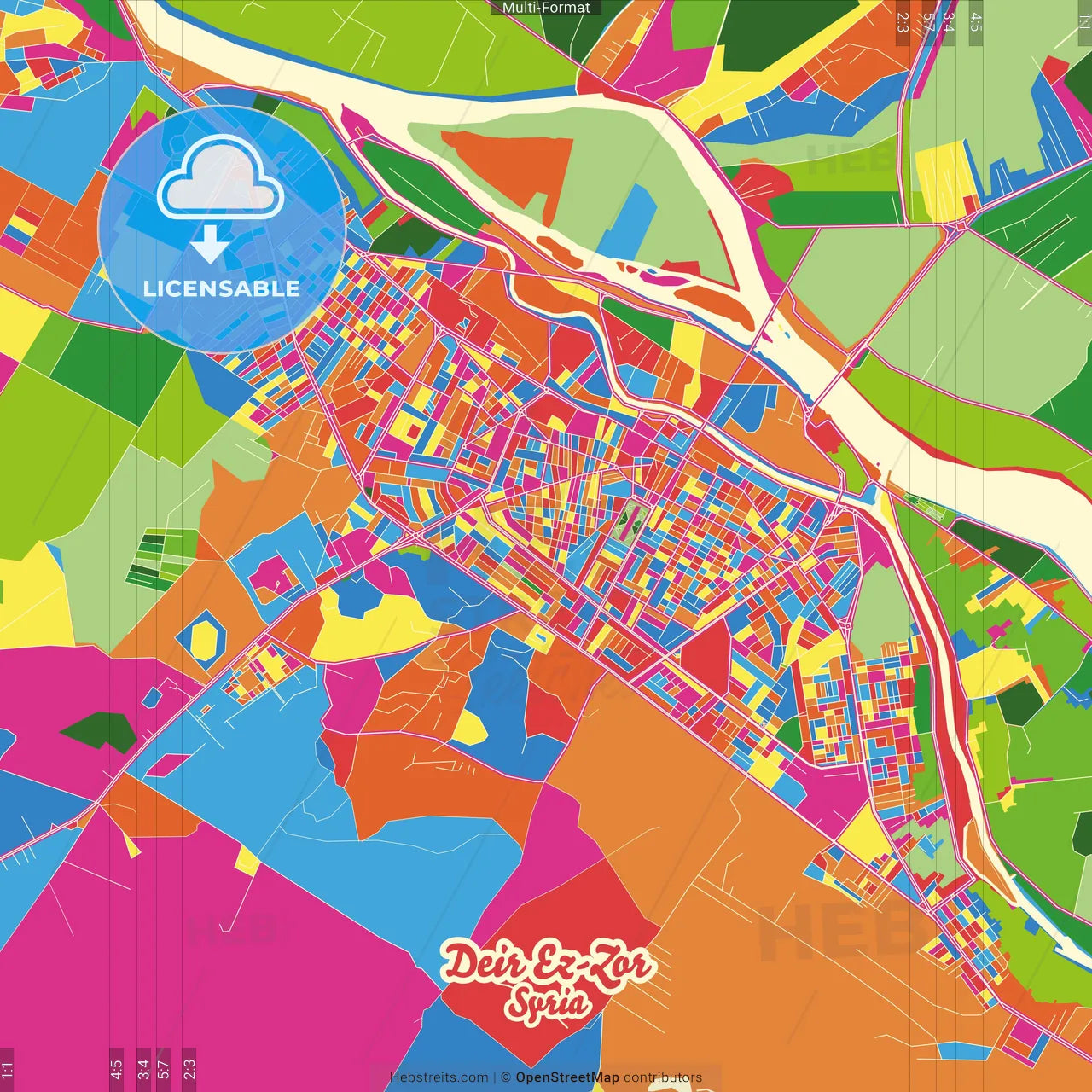 Deir ez-Zor, Syria Crazy Colorful Street Map Poster Template