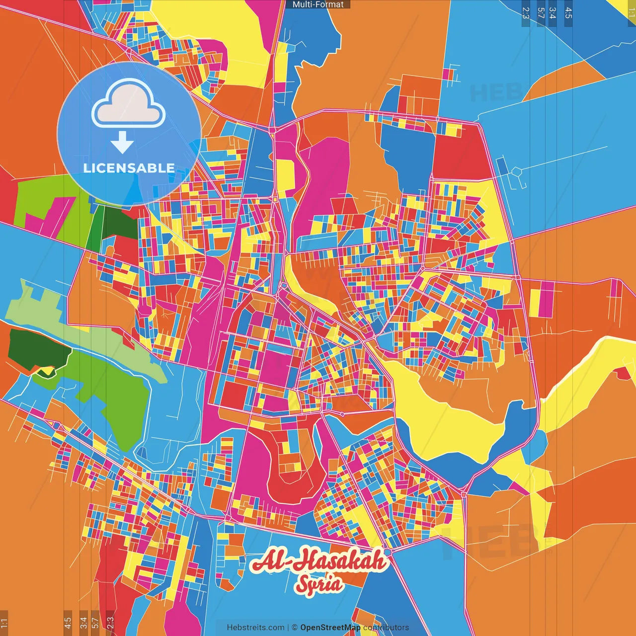 Al-Hasakah, Syria Crazy Colorful Street Map Poster Template