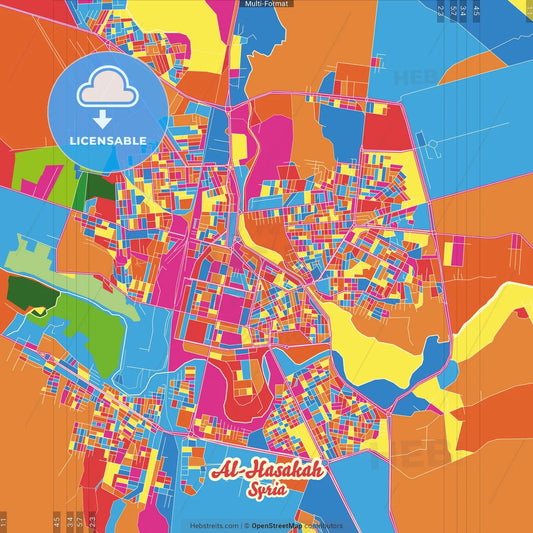 Al-Hasakah, Syria Crazy Colorful Street Map Poster Template
