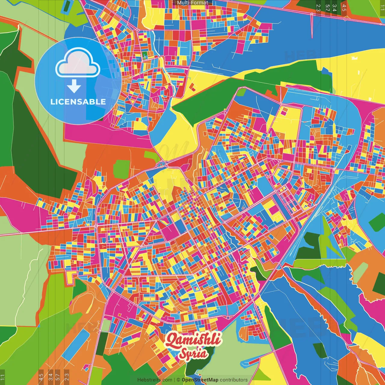Qamishli, Syria Crazy Colorful Street Map Poster Template