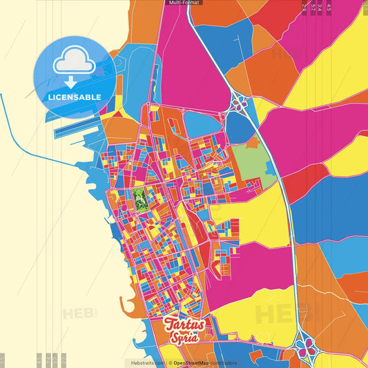 Tartus, Syria Crazy Colorful Street Map Poster Template