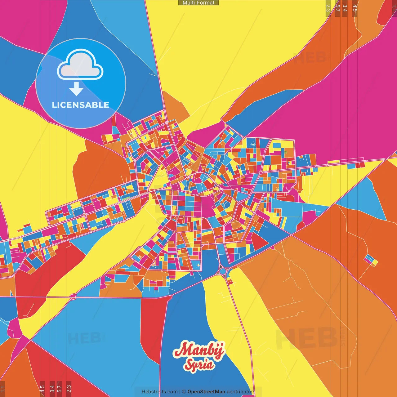 Manbij, Syria Crazy Colorful Street Map Poster Template