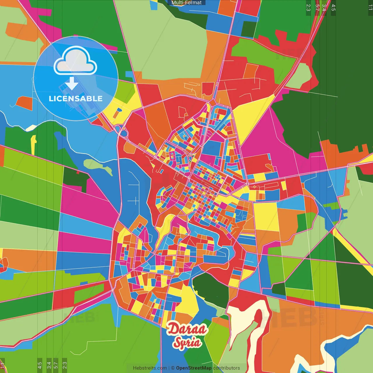 Daraa, Syria Crazy Colorful Street Map Poster Template