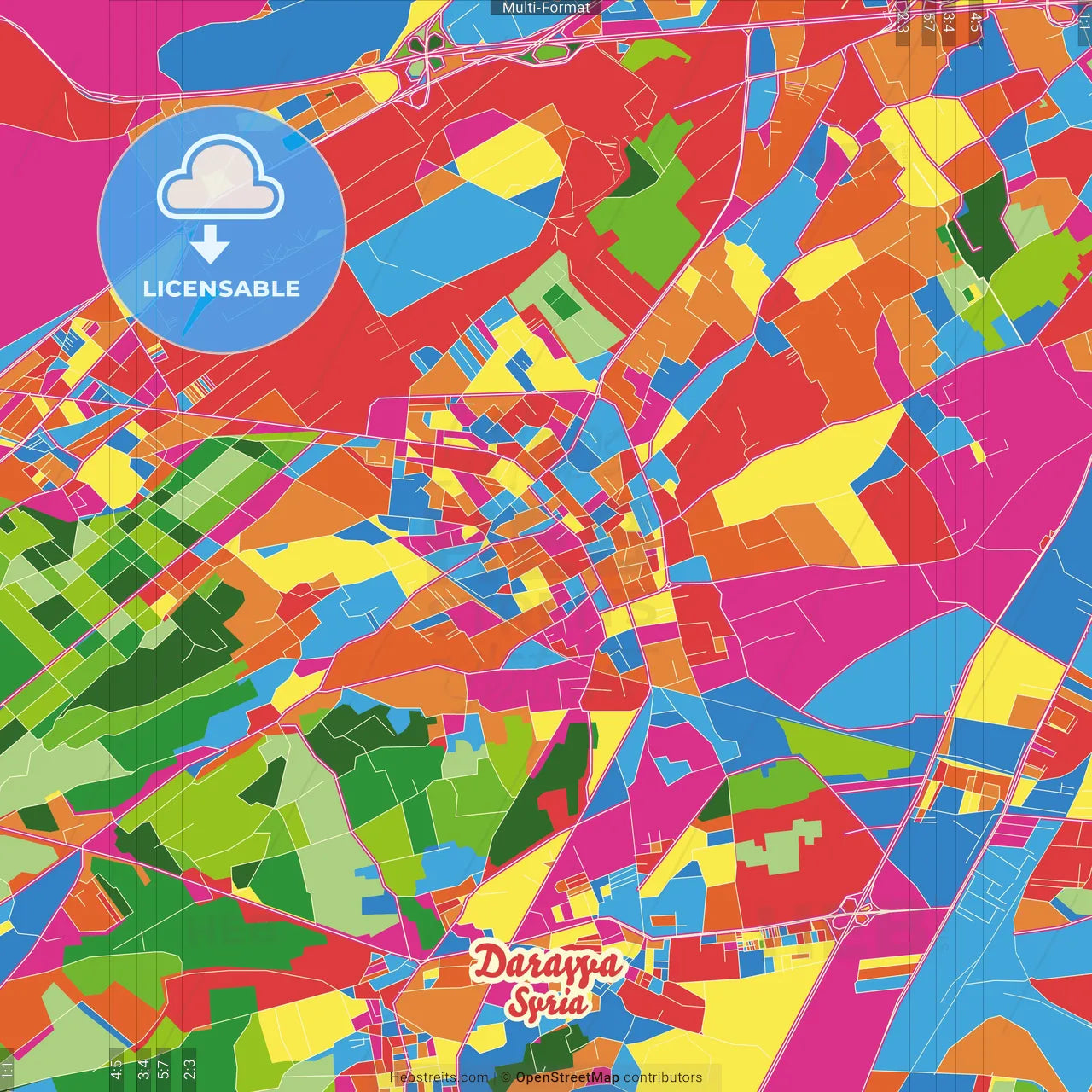 Darayya, Syria Crazy Colorful Street Map Poster Template