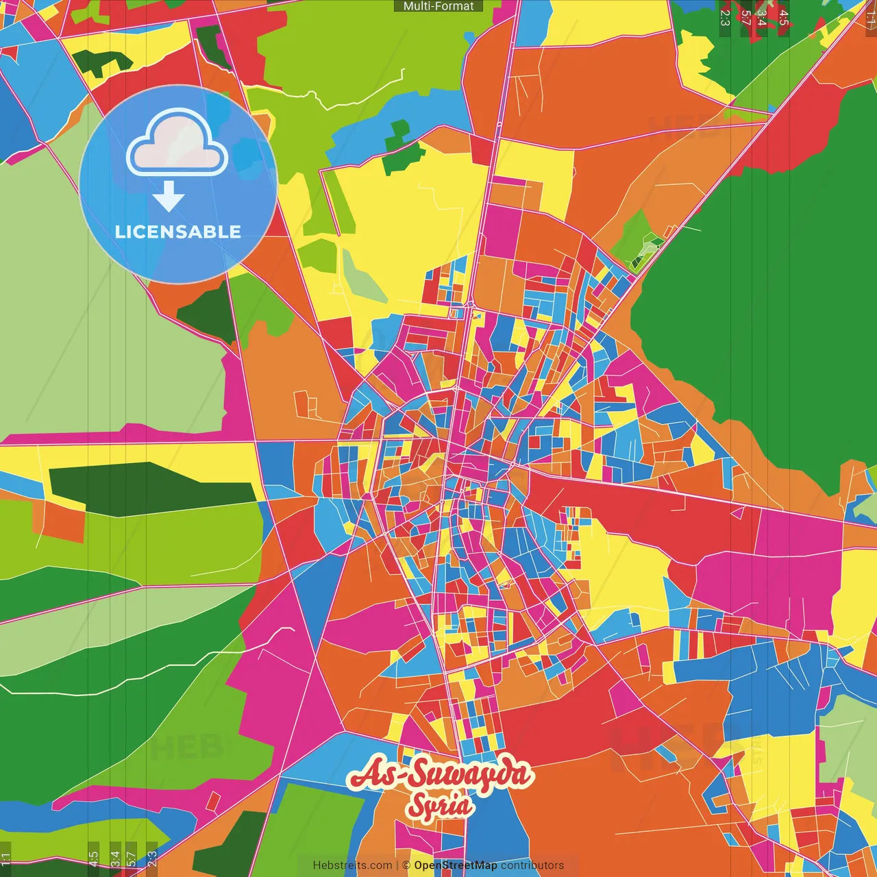 As-Suwayda, Syria Crazy Colorful Street Map Poster Template