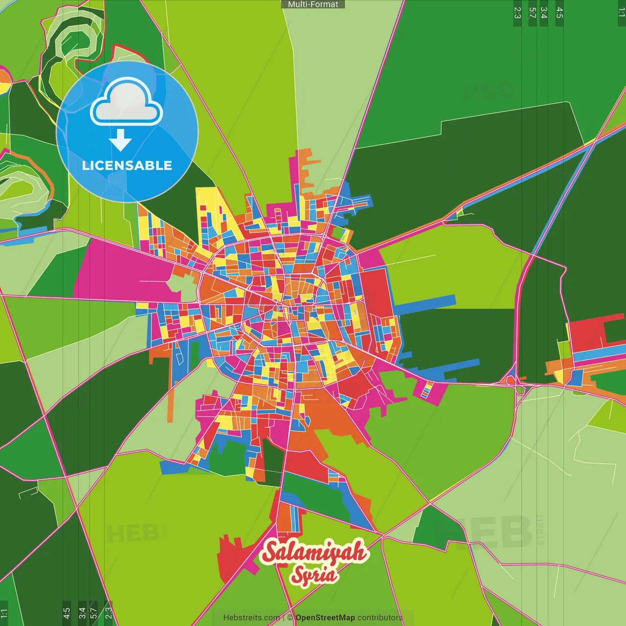 Salamiyah, Syria Crazy Colorful Street Map Poster Template
