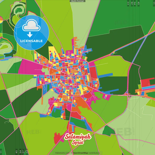 Salamiyah, Syria Crazy Colorful Street Map Poster Template