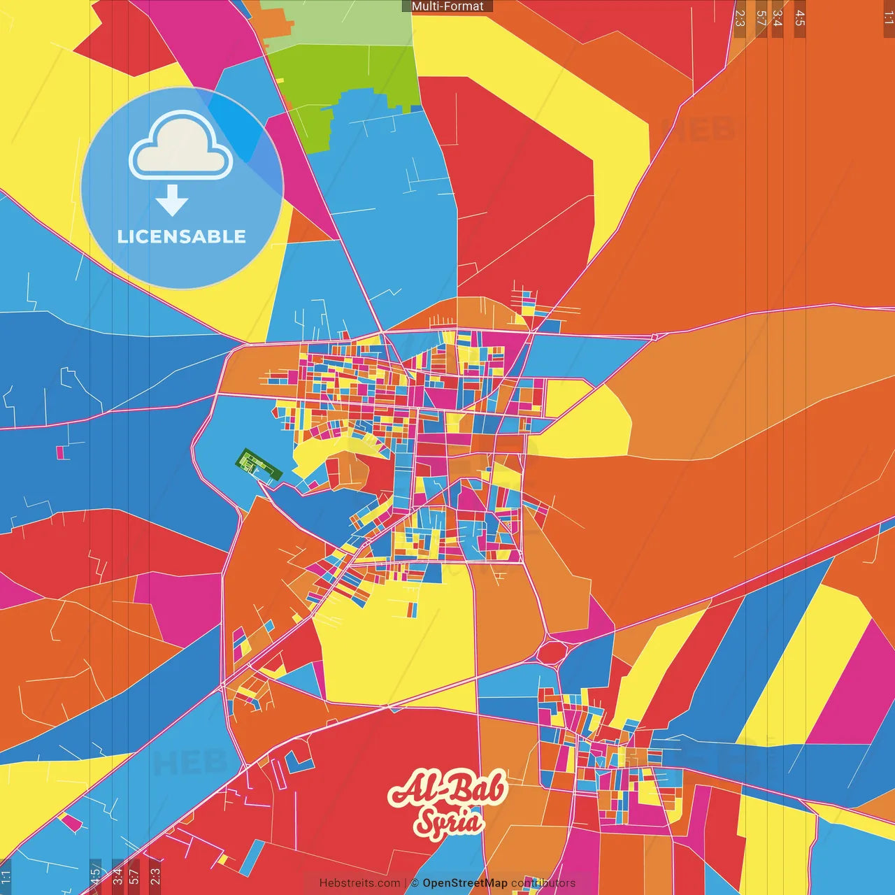 Al-Bab, Syria Crazy Colorful Street Map Poster Template
