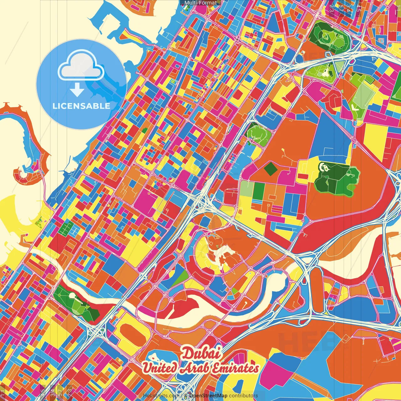 Dubai  , United Arab Emirates Crazy Colorful Street Map Poster Template