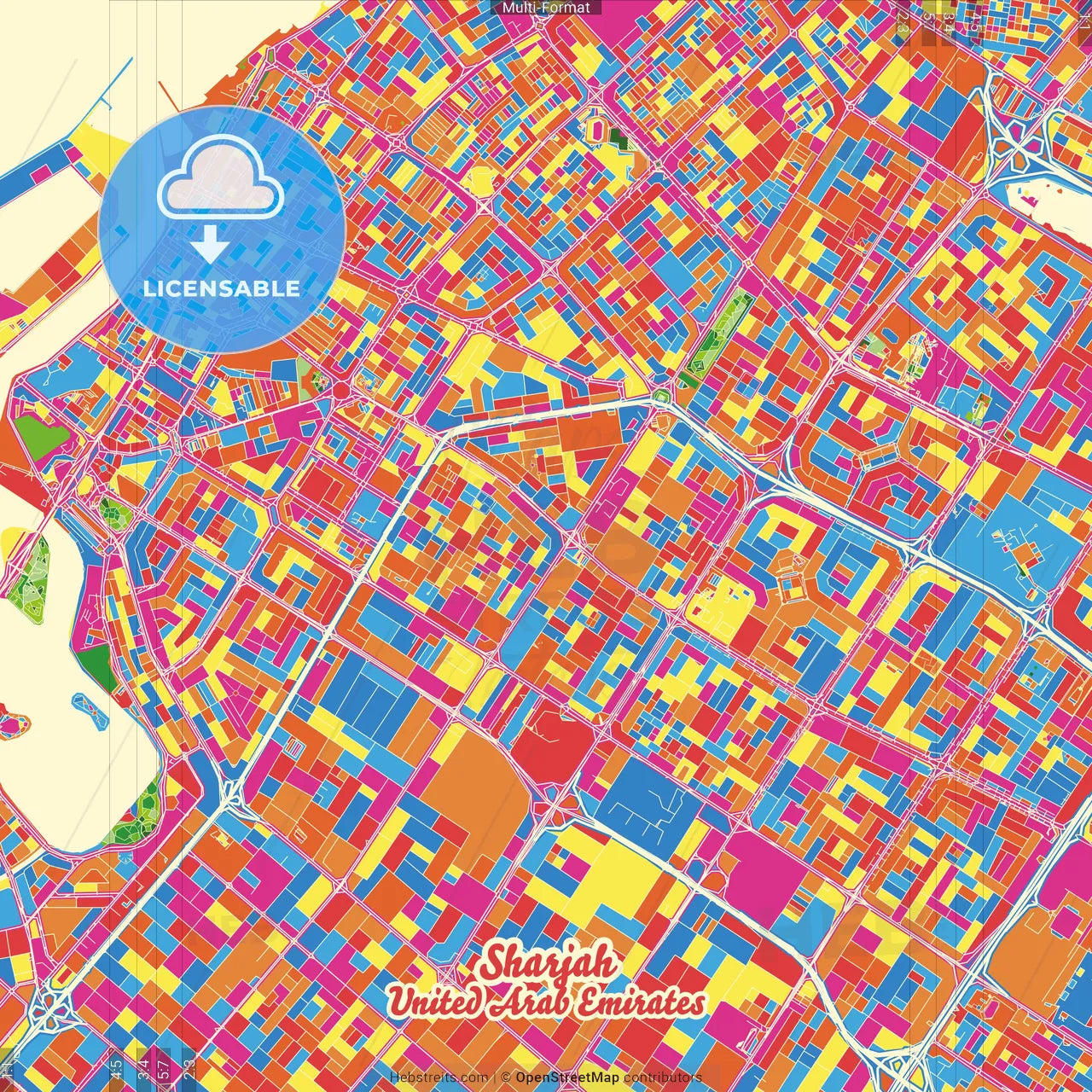 Sharjah  , United Arab Emirates Crazy Colorful Street Map Poster Template