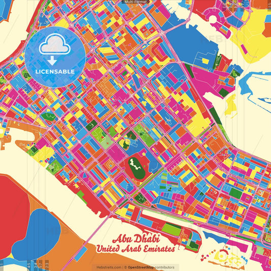 Abu Dhabi  , United Arab Emirates Crazy Colorful Street Map Poster Template