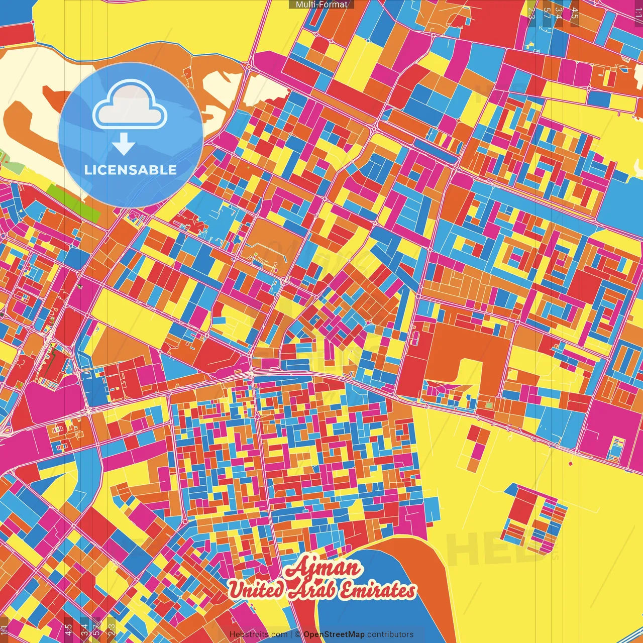 Ajman  , United Arab Emirates Crazy Colorful Street Map Poster Template