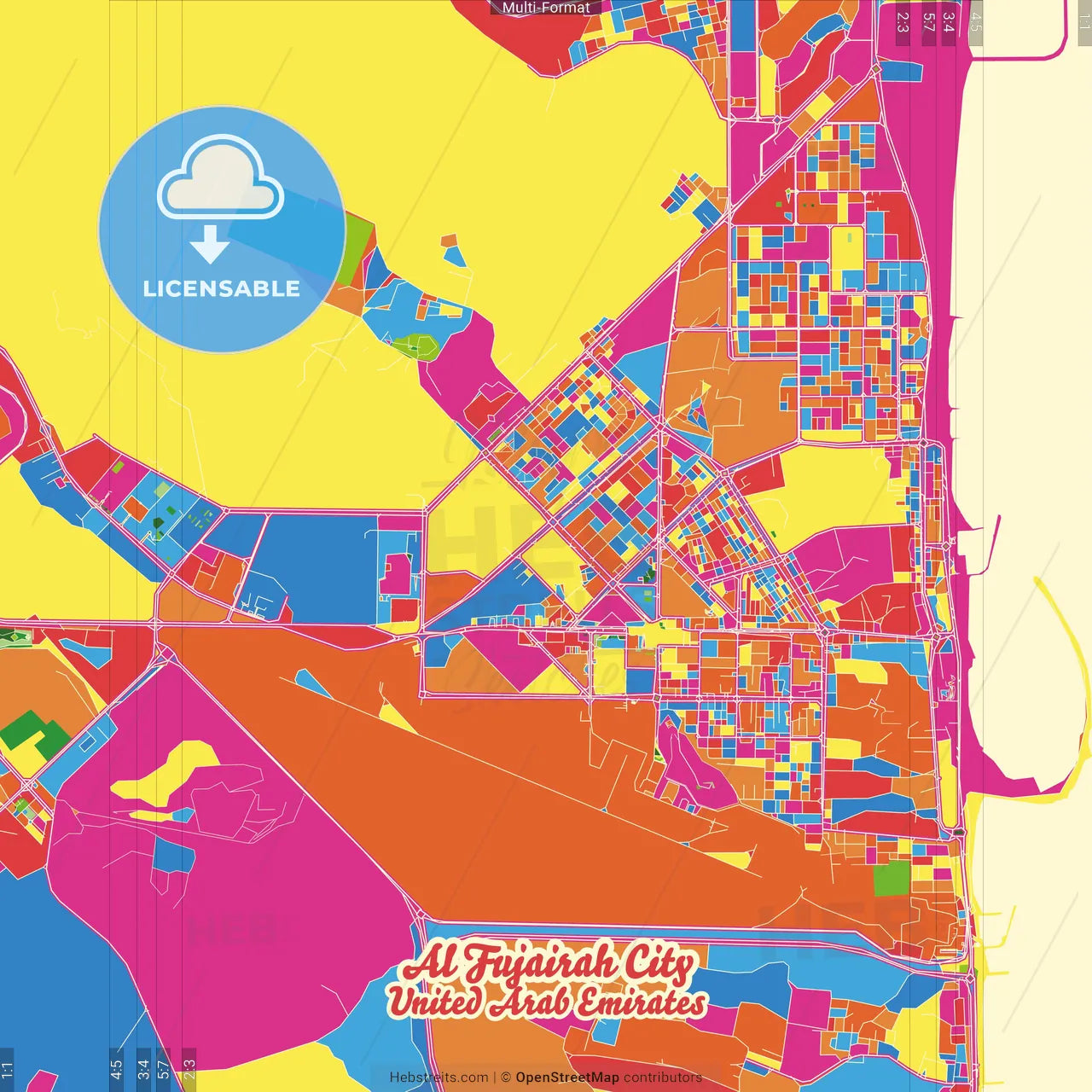 Al Fujairah City  , United Arab Emirates Crazy Colorful Street Map Poster Template
