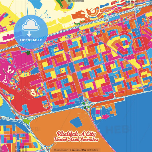 Khalifah A City, United Arab Emirates Crazy Colorful Street Map Poster Template