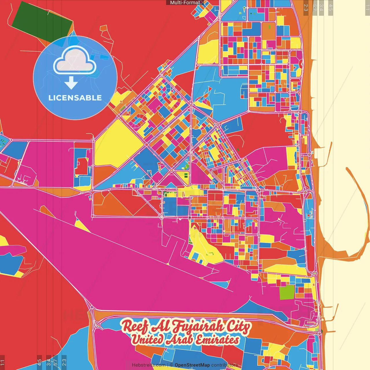 Reef Al Fujairah City, United Arab Emirates Crazy Colorful Street Map Poster Template